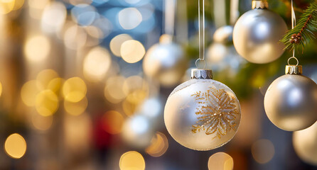 golden christmas balls with blured background 