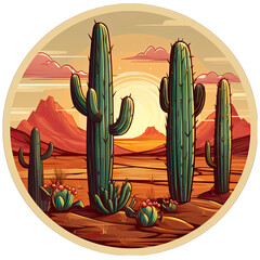 Round Cactus Sticker Illustration on White Isolated on Transparent or White Background, PNG