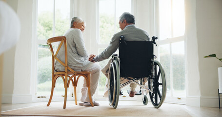 Man, wheelchair and woman comfort in home for relationship bonding, love trust or helping hand....
