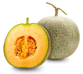 Cantaloupe melon cut in half on white background. Sweet Orange Melon isolate on white with clipping path.