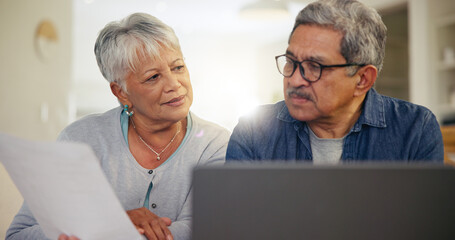 Senior couple, laptop and documents in home for budget, planning financial assets or investment...