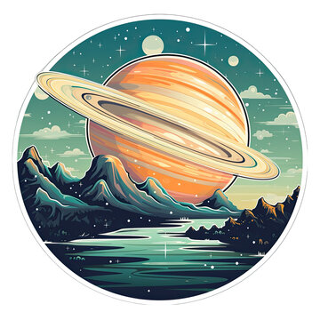 Round Planet Sticker Illustration Isolated on Transparent or White Background, PNG