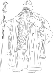 Line art of Ded Moroz with a bag behind his back and a staff. 
Vector illustration of Ded Moroz, the Russian Santa Claus. Dressed in an ancient Russian fur coat with long sleeves and a fur hat.