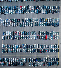 Aerial view of a parking lot full of rows and rows or cars