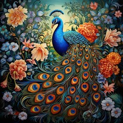 Joyful Peacock Surrounded by Seasonal Florals