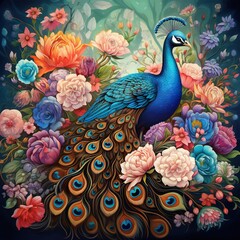 Joyful Peacock Surrounded by Seasonal Florals