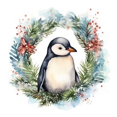 Naklejka premium Joyful Penguin in Wreath Garland Illustration