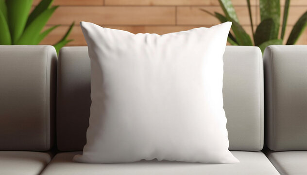 Mock-up pillow case. Blank template closeup white pillow canvas background. Mockup copy space pillowcase in room on sofa. Stylish interior. Flat lay square clean decorative pillow. Banner