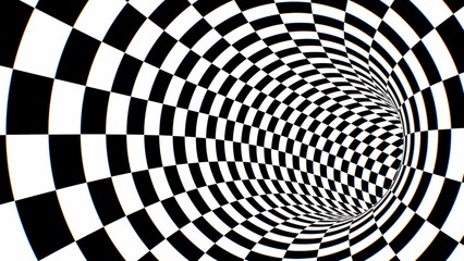 Inside Black And White Circular Checkerboard Optical Illusion Tunnel - Abstract Background Texture