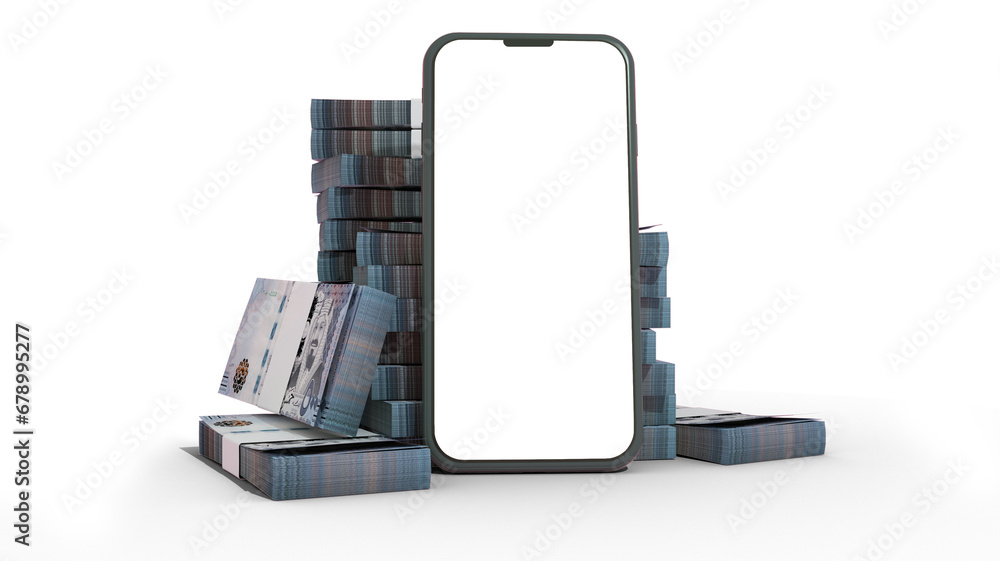 Poster 3d rendering of a mobile phone with blank screen in front of stacks of saudi riyal notes isolated on