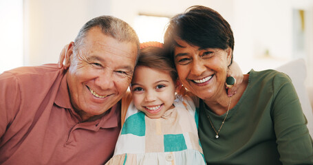 Grandparents, grandchild and smile in family portrait, love and picture for memory, hug and...