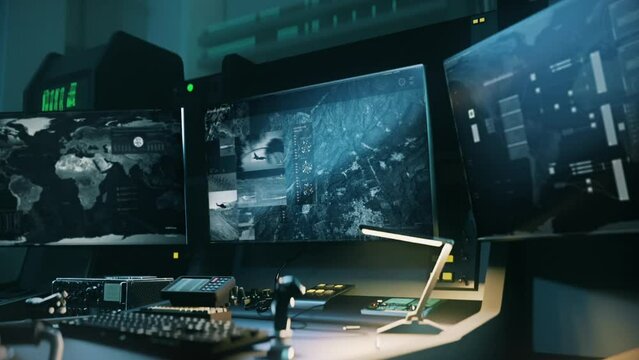 Military Computer Displays Satellite Tracking System Searching For Enemy. Military Technology. Target Tracking On Display. High Tech Display. Military Command Room. Tracking Terrorists Position