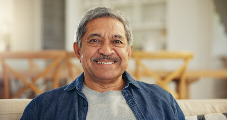 Portrait, senior man and smile in home to relax for retirement, confidence and good mood. Happy...