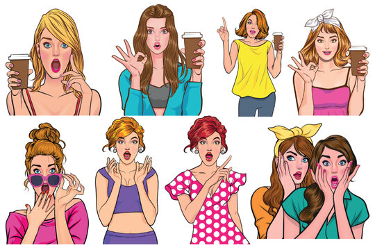 Beautiful woman comics pop art style with colorful fashion & hairstyle holding coffee. Wow pop art face with Sexy surprised expression. Vector illustration pop art retro comic style.