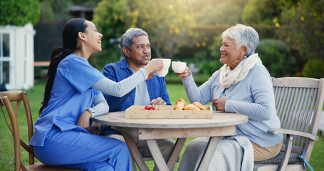 Nurse, tea or people cheers in elderly care, retirement or healthcare support at park or nature. Caregiver, senior man or old woman with coffee toast, meal or outdoor snack together for wellness