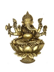 Fototapeta premium gold statue of hindu god lord ganesh with multiple hands sitting with legs crossed in a lotus flower isolated in a white background