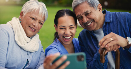 Happy woman, doctor and senior couple in selfie for photography, elderly care or retirement in...