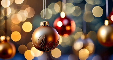 Christmas balls hanging on an out of focus background 