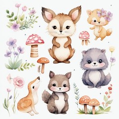 Watercolor clipart set with sweet baby animal characters