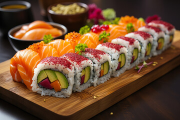 A wooden platter of assorted sushi, from salmon nigiri to cucumber rolls, with wasabi and pickled ginger at the side.