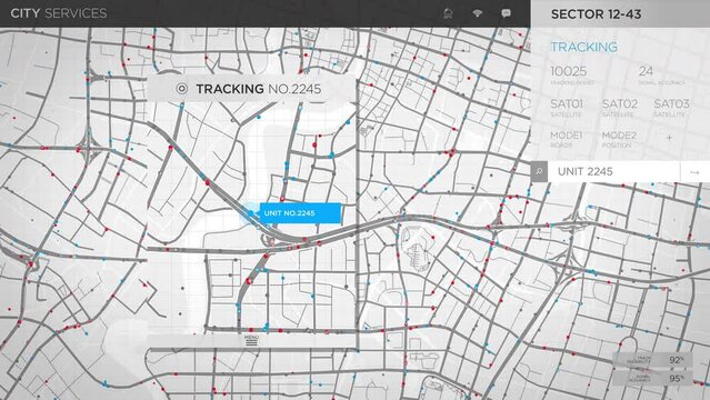 Futuristic tracking software interface inspecting the town map. Futuristic technology interface tracking the gps signal from the vehicles. Futuristic system interface tracking the public transport.