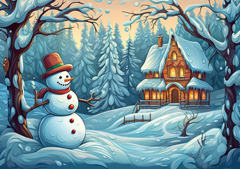 Snowman in a christmas xmas winter landscape Art Nouveau style