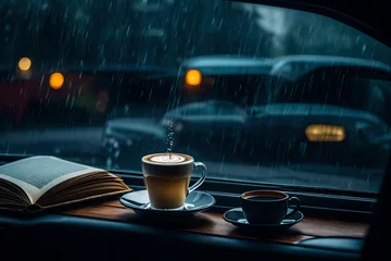 Poster Rainy day in the car window with a glass of hot coffee and a book  © Malaika