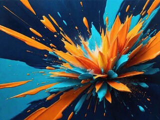 Fondo simulando explosión de pintura color azul y naranja - obrazy, fototapety, plakaty