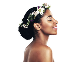 Profile, beauty and flower crown for wellness with a black woman isolated on transparent background. Skincare, smile and wreath with natural young model on PNG for health, sustainability or cosmetics