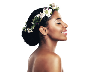 Profile, beauty and flower crown for wellness with a black woman isolated on transparent background. Skincare, smile and wreath with natural young model on PNG for health, sustainability or cosmetics
