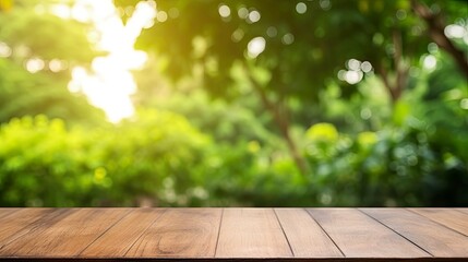 Wooden Table Top with Blurred Green Park Garden as Background.