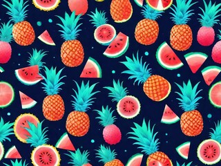 Ilustración de fondo azul con piñas y rebanadas de sandía 