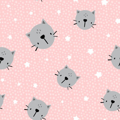 cute kitten hand drawn face in the pink sky with kawaii stars and polka dot texture background, kids seamless pattern for baby girl, fabric and textile design