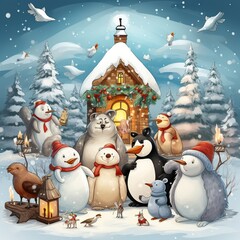 Obraz premium snowman and christmas tree