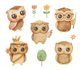 Watercolor cute baby owl with glasses and pointer. Hand drawn character smart bird isolated on white background. Woodland illustration for kids