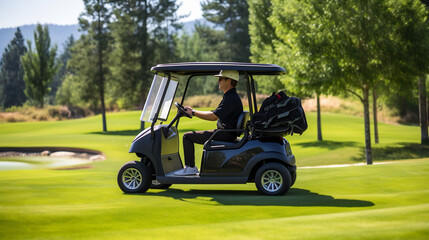 Man golfer driving golf cart on golf course in summer sunny day, outdoor activity lifestyle sport concept