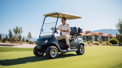 Man golfer driving golf cart on golf course in summer sunny day, outdoor activity lifestyle sport concept