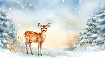 Reindeer in Winter Wonderland, Christmas Invitation Card Theme, Template in watercolor, xmas Card, generated ai