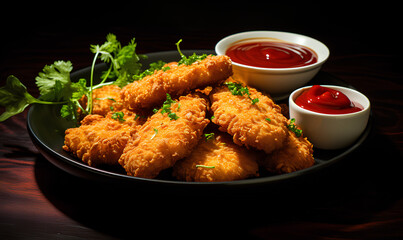 Crispy Delight: Overhead Shot of Breaded Chicken Tenders with Ketchup