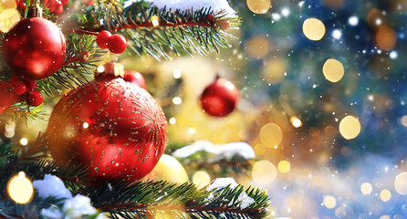  christmas and new year holidays concept. Red balls on fir branches, winter snowy backdrop. festive winter season background. 