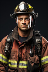 Fototapeta premium Portrait of Handsome fireman in workwear looking at camera. Portrait of brave, serious male firefighter in protective helmet, on gray background. Concept of profession, work.