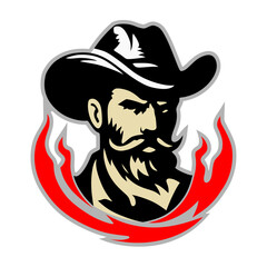 cowboy head logo with fire flame - obrazy, fototapety, plakaty