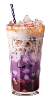Taro ice blend or milkshake with coconut jelly, bluberry sauce and pearls,  coffee drink with topped milk and powder