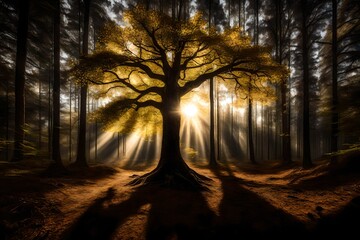Backlit tree in the middle of the forest