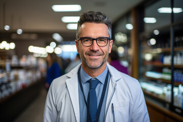 Obraz premium Portrait, man and pharmacist with arms crossed in pharmacy or drugstore. Healthcare, wellness and happy, proud and confident smile of male medical professional, expert or doctor from Canada in shop.