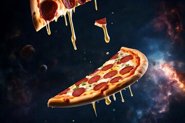 Pizza slice flying in the space concept. Pepperoni salami galaxy pizza with dripping cheese in...