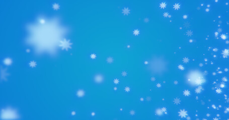 Christmas festive bright New Year background made of white glowing winter beautiful falling flying snowflakes patterns on a blue background