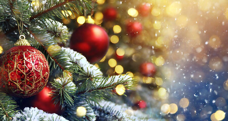 christmas tree with red balls closeup shot 