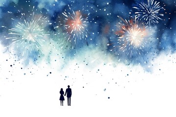 Fototapeta na wymiar Silhouette of a man and woman holding hands watching fireworks on a romantic date, minimalist holiday celebration watercolor painting (New Year's Eve, Christmas, Fourth of July/Independence Day)