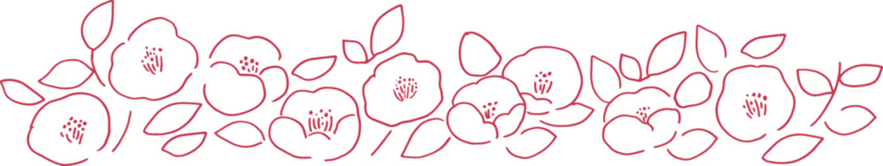 椿の花フレーム。年賀状に使える椿の和風素材。シンプルな椿の線画イラスト。Camellia flower frame. Japanese-style camellia material for New Year's cards. Simple line drawing of camellia.